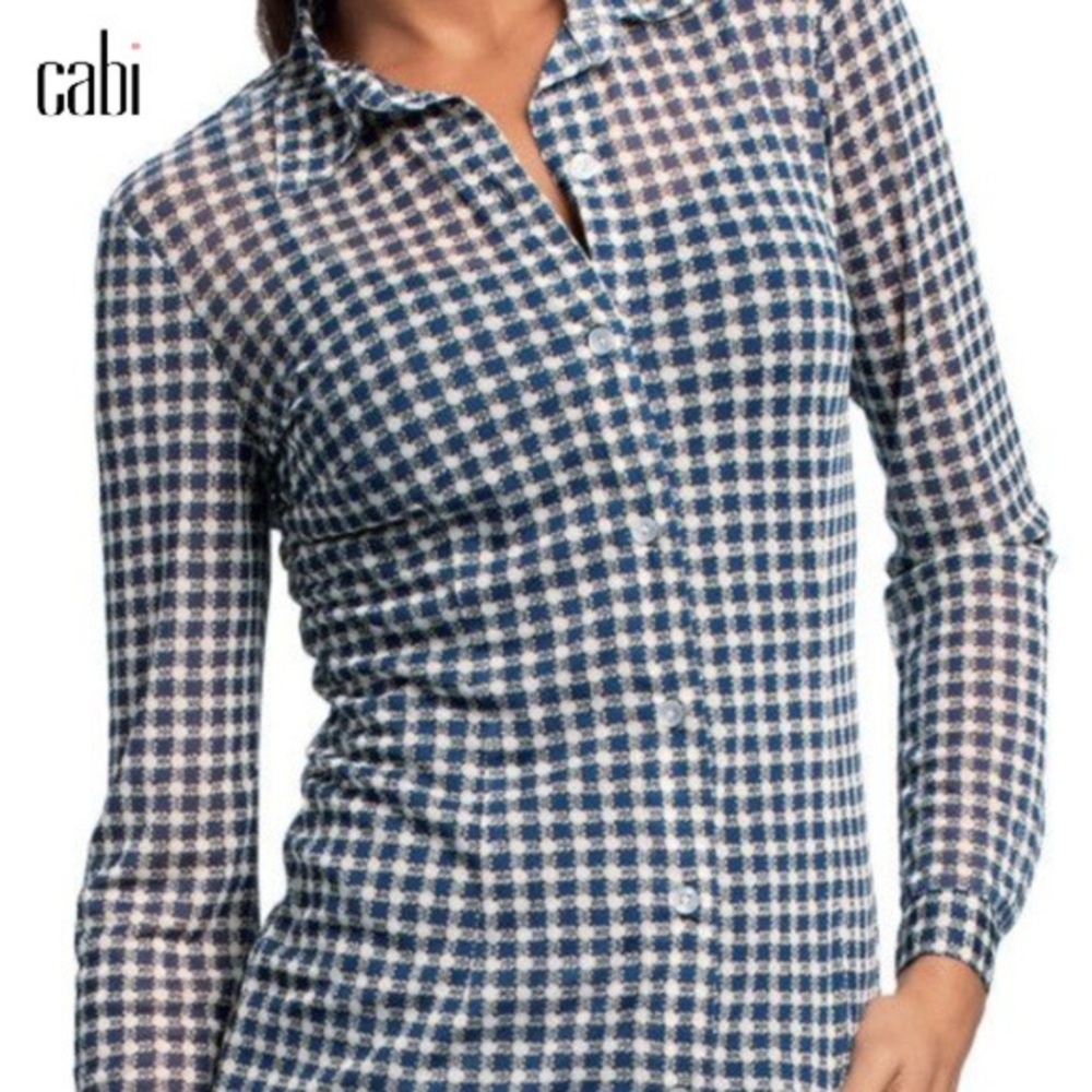 Cabi Sheer Navy Check Pattern Button Down Shirt - image 7